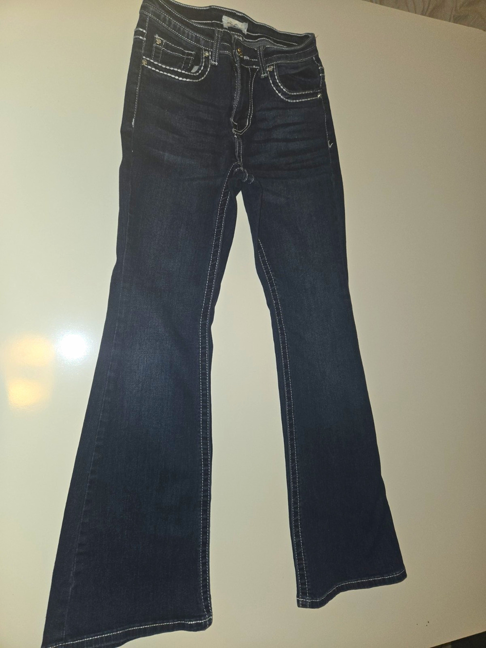 Bamboo Jeans Juniors 3/4 Dark Wash Bootcut Stretch Rhinestone Feather Embroidere